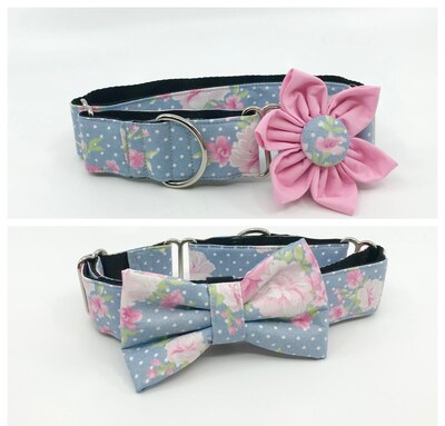 Martingale Dog Collar With Optional Flower Or Bow Tie Pink Roses On Gray Polka Dot Adjustable Slip On Collar Sizes S, M, L, XL - image1